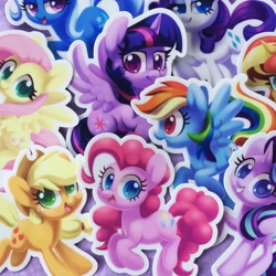 Size: 1200x1200 | Tagged: safe, artist:dawnfire, applejack, fluttershy, pinkie pie, rainbow dash, rarity, starlight glimmer, sunset shimmer, trixie, twilight sparkle, twilight sparkle (alicorn), alicorn, earth pony, pegasus, pony, unicorn, chibi, cowboy hat, cute, dashabetes, diapinkes, diatrixes, female, flying, glimmerbetes, grin, hat, jackabetes, lidded eyes, looking at you, mane nine, mane six, mare, open mouth, raised hoof, raribetes, shimmerbetes, shyabetes, smiling, spread wings, squee, sticker, twiabetes, wallpaper, wings