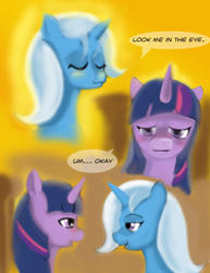 Size: 900x1165 | Tagged: safe, artist:gunslingerpen, trixie, twilight sparkle, pony, unicorn, comic:showmareship, comic, eye contact, female, lesbian, looking at each other, mare, photoshop, shipping, twixie