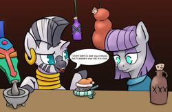 Size: 2782x1800 | Tagged: safe, artist:paleheart-arts, boulder (pet), maud pie, zecora, earth pony, pony, zebra, captain obvious, christmas, clothes, duo, female, hat, holiday, rhyme, santa hat, scarf, thermometer