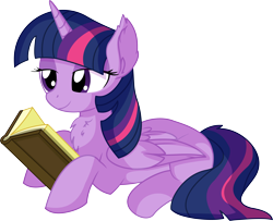 Size: 7277x5921 | Tagged: safe, artist:cyanlightning, twilight sparkle, twilight sparkle (alicorn), alicorn, pony, .svg available, absurd resolution, adorkable, book, chest fluff, cute, dork, ear fluff, female, folded wings, mare, nerd, prone, reading, simple background, sitting, smiling, solo, transparent background, vector, wing fluff, wings