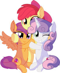 Size: 6535x7882 | Tagged: safe, artist:cyanlightning, apple bloom, scootaloo, sweetie belle, earth pony, pegasus, pony, unicorn, .svg available, absurd resolution, apple bloom's bow, blushing, bow, cute, cutie mark, cutie mark crusaders, ear fluff, female, filly, glasses, group hug, hair bow, hug, lidded eyes, open mouth, simple background, smiling, spread wings, the cmc's cutie marks, transparent background, trio, vector, wings