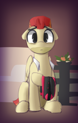 Size: 972x1524 | Tagged: safe, artist:shinodage, artist:xrei, oc, oc only, oc:jet stream, pegasus, pony, clothes, colored, jacket, male, sad, solo, stallion