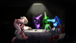 Size: 3840x2160 | Tagged: safe, artist:brisineo, oc, oc:cherry sundae, oc:crimson wings, oc:eos, oc:helios, oc:selene, oc:titan, alicorn, ghoul, pony, fallout equestria, fallout equestria: broken bonds, artificial alicorn, black background, blue alicorn (fo:e), card game, fanfic, fanfic art, female, glowing horn, green alicorn (fo:e), hooves, horn, leaning, levitation, magic, magic aura, mare, poker, purple alicorn (fo:e), simple background, smiling, solo, table, telekinesis, wings