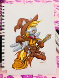 Size: 1536x2048 | Tagged: safe, artist:dawnfire, derpy hooves, pegasus, pony, broom, cute, derpabetes, female, flying, flying broomstick, hat, mercy, overwatch, solo, traditional art, witch hat