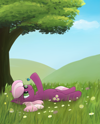 Size: 2281x2834 | Tagged: safe, artist:whiskeypanda, derpibooru exclusive, cheerilee, butterfly, earth pony, pony, cloud, cutie mark, female, flower, grass, mare, on back, sky, smiling, solo, tree