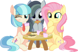 Size: 8848x5961 | Tagged: safe, artist:cyanlightning, coco pommel, fluttershy, marble pie, earth pony, pegasus, pony, .svg available, absurd resolution, blushing, burger, chest fluff, chocolate, cocobetes, coffee cup, cup, cute, ear fluff, eating, eclair, female, folded wings, food, hair, hay burger, holding, marblebetes, mare, one eye closed, open mouth, shyabetes, simple background, sitting, table, the council of shy ponies, transparent background, trio, trio female, vector, wings, wink