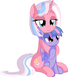 Size: 6684x7517 | Tagged: safe, artist:cyanlightning, clear sky, wind sprint, pegasus, pony, unicorn, common ground, .svg available, absurd resolution, blushing, clothes, cute, duo, ear fluff, female, filly, folded wings, hug, hug from behind, lidded eyes, like mother like daughter, mare, mother and child, mother and daughter, parent and child, scarf, simple background, sitting, smiling, transparent background, vector, wings