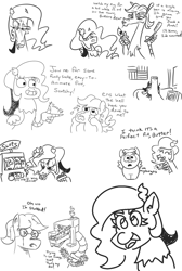 Size: 1024x1524 | Tagged: safe, artist:jargon scott, butterscotch, discord, eris, fluttershy, draconequus, pegasus, pony, black and white, bust, butters, calarts, dialogue, female, grayscale, grinning potato, male, monochrome, rule 63, simple background, sketch, sketch dump, south park, stallion, thin-line style, white background