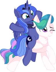 Size: 5924x7576 | Tagged: safe, artist:cyanlightning, princess celestia, princess luna, alicorn, pony, .svg available, absurd resolution, cute, duo, ear fluff, female, mare, missing accessory, one eye closed, ponies riding ponies, s1 luna, siblings, simple background, sisterly love, sisters, sitting, smiling, standing, tongue out, transparent background, vector
