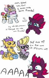 Size: 692x1098 | Tagged: safe, artist:jargon scott, fizzlepop berrytwist, tempest shadow, oc, oc:ack jass, oc:grease lightning, oc:puffpad, pegasus, pony, unicorn, my little pony: the movie, aaaaaaaaaa, animated, armor, bandage, bandaged wing, bandaid, black eye, broken horn, broken leg, bust, cast, caution sign, clothes, dialogue, exclamation point, eye scar, female, filly, gif, greaser, helicopter parents, helmet, jacket, leather jacket, mare, missing teeth, mother and child, mother and daughter, offspring, overprotective, parent and child, parent:tempest shadow, pillow, pillow armor, scar, screaming, simple background, sparking horn, sunglasses, teary eyes, white background