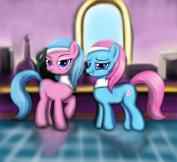 Size: 1788x1640 | Tagged: safe, artist:gunslingerpen, aloe, lotus blossom, earth pony, pony, bedroom eyes, duo, duo female, female, grin, looking at you, mare, mirror, raised hoof, smiling, spa, spa twins