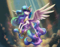 Size: 800x628 | Tagged: safe, artist:dawnfire, artist:nadnerbd, artist:theshadowscale, edit, princess celestia, alicorn, pony, absurd file size, animated, cinemagraph, cloud, crepuscular rays, crown, ear twitch, female, file size over the limit, flowing mane, flying, jewelry, mare, praise the sun, regalia, solo, wings