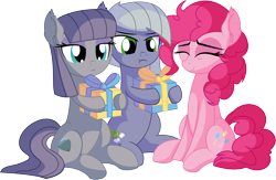 Size: 9180x5990 | Tagged: safe, artist:cyanlightning, limestone pie, maud pie, pinkie pie, earth pony, pony, .svg available, absurd resolution, ear fluff, eyes closed, female, holding, lidded eyes, mare, mouth hold, present, siblings, simple background, sisters, standing, transparent background, trio, unamused, vector