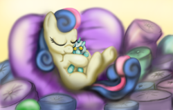 Size: 1683x1068 | Tagged: safe, artist:gunslingerpen, bon bon, lyra heartstrings, sweetie drops, earth pony, pony, eyes closed, female, filly, foal, hug, pillow, plushie, solo