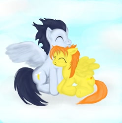 Size: 969x978 | Tagged: safe, artist:gunslingerpen, soarin', spitfire, pegasus, pony, cloud, cloudy, eyes closed, female, male, mare, photoshop, shipping, sitting, soarinfire, stallion, straight