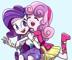 Size: 3000x2500 | Tagged: safe, artist:rockset, rarity, sweetie belle, equestria girls, clothes, cute, diasweetes, duo, eyes closed, female, hug, open mouth, raribetes, sisters, smiling