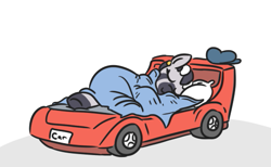 Size: 523x323 | Tagged: safe, artist:jargon scott, oc, oc only, oc:carjack, zebra, bed, blanket, eyes closed, female, hat, pillow, race car bed, sleeping, solo, zebra oc