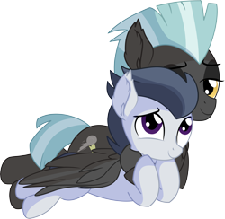 Size: 6706x6535 | Tagged: safe, artist:cyanlightning, rumble, thunderlane, pegasus, pony, .svg available, absurd resolution, brotherly love, brothers, colt, cute, duo, ear fluff, holding, hug, looking at each other, male, one eye closed, prone, siblings, simple background, sitting, smiling, stallion, transparent background, vector, winghug