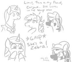 Size: 733x628 | Tagged: safe, artist:jargon scott, oc, oc only, oc:carjack, oc:limit state, oc:low rider, pegasus, pony, unicorn, zebra, comic, dialogue, female, gasp, grayscale, hat, mare, monochrome, simple background, trio, white background