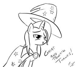 Size: 905x797 | Tagged: safe, artist:gunslingerpen, trixie, pony, unicorn, female, lineart, mare, monochrome, photoshop, simple background, sketch, solo, white background