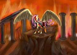 Size: 3600x2552 | Tagged: safe, artist:gunslingerpen, fluttershy, pegasus, pony, crossover, female, fire, flutterrage, god of war, high res, kratos, mare, mouth hold, photoshop, ruins, solo, spread wings, weapon, wings