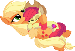 Size: 8097x5505 | Tagged: safe, artist:cyanlightning, apple bloom, applejack, earth pony, pony, .svg available, absurd resolution, adorabloom, cute, duo, eyes closed, female, filly, hat, holding, hug, jackabetes, lidded eyes, mare, siblings, simple background, sisterly love, sisters, sitting, transparent background, vector