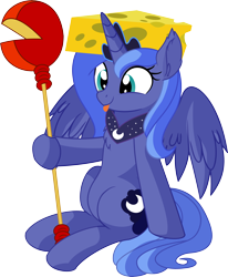 Size: 5974x7265 | Tagged: safe, artist:cyanlightning, princess luna, alicorn, pony, .svg available, absurd resolution, cheese, cheese hat, cheese scepter, cheesehead, chest fluff, cute, ear fluff, female, food, hat, holding, lunabetes, mare, precious, s1 luna, simple background, sitting, solo, spread wings, tongue out, transparent background, vector, wings