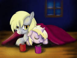 Size: 1024x768 | Tagged: safe, artist:gunslingerpen, derpy hooves, dinky hooves, pegasus, pony, unicorn, blanket, duo, duo female, equestria's best mother, family, female, filly, mare, mug, photoshop, prone, sleeping