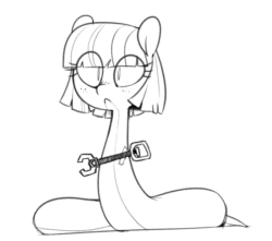 Size: 700x619 | Tagged: safe, artist:whydomenhavenipples, oc, oc only, oc:tija, cyborg, original species, snake pony, :<, animated, black and white, blank expression, cute, freckles, grayscale, how, looking at you, monochrome, simple background, solo, tape, unstoppable, wat, white background, wide eyes
