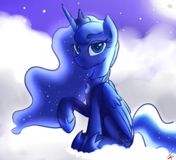 Size: 881x800 | Tagged: safe, artist:crade, princess luna, alicorn, pony, cloud, cloudy, raised hoof, sitting, solo