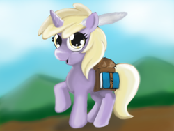 Size: 1024x768 | Tagged: safe, artist:gunslingerpen, dinky hooves, pony, unicorn, book, feather, female, filly, photoshop, raised hoof, saddle bag, solo