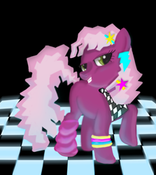 Size: 1200x1346 | Tagged: safe, artist:gunslingerpen, cheerilee, earth pony, pony, 80s, 80s cheerilee, armband, disco, ear piercing, earring, female, jewelry, leg warmers, mare, photoshop, piercing, smiling, solo