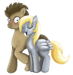 Size: 749x768 | Tagged: safe, artist:gunslingerpen, derpy hooves, doctor whooves, earth pony, pegasus, pony, blushing, doctorderpy, eyes closed, female, male, mare, photoshop, shipping, simple background, stallion, straight, surprised, white background