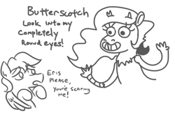 Size: 510x334 | Tagged: safe, artist:jargon scott, butterscotch, discord, eris, fluttershy, pegasus, pony, calarts, dialogue, grinning potato, monochrome, rule 63, scared, sketch, thin-line style