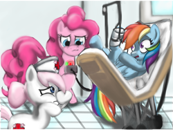 Size: 1034x778 | Tagged: safe, artist:gunslingerpen, nurse redheart, pinkie pie, rainbow dash, earth pony, pegasus, pony, bandage, bed, button, cast, female, hospital, injured, mare, ouch, photoshop, trio, trio female