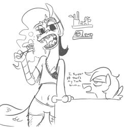 Size: 652x667 | Tagged: safe, artist:jargon scott, butterscotch, discord, eris, fluttershy, anthro, angry, happy trail, monochrome, rule 63, sketch, teeth, toothbrush, toothpaste