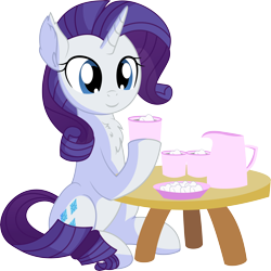 Size: 6484x6475 | Tagged: safe, artist:cyanlightning, rarity, pony, unicorn, .svg available, absurd resolution, blushing, chest fluff, chocolate, cute, ear fluff, eating, female, food, mare, marshmallow, raribetes, simple background, sitting, solo, table, transparent background, vector