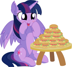 Size: 6655x6224 | Tagged: safe, artist:cyanlightning, twilight sparkle, twilight sparkle (alicorn), alicorn, pony, .svg available, absurd resolution, blushing, burger, cute, ear fluff, eating, female, food, hay burger, mare, open mouth, simple background, sitting, solo, table, that pony sure does love burgers, this will end in weight gain, transparent background, twiabetes, twilight burgkle, vector