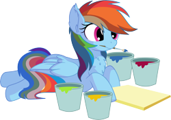 Size: 7910x5546 | Tagged: safe, artist:cyanlightning, rainbow dash, pegasus, pony, .svg available, absurd resolution, brush, bucket, canvas, chest fluff, cute, dashabetes, female, folded wings, mare, mouth hold, paint, paintbrush, prone, simple background, sitting, solo, transparent background, vector, wings