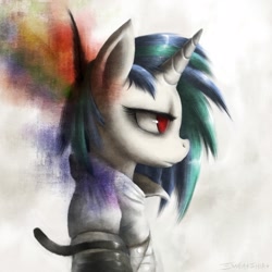 Size: 1600x1600 | Tagged: dead source, safe, artist:swaetshrit, dj pon-3, vinyl scratch, pony, unicorn, alternate eye color, bust, female, jonsi, mare, paint tool sai, parody, portrait, profile, red eyes, solo, straitjacket