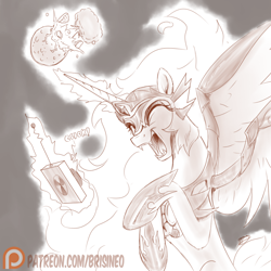 Size: 2160x2160 | Tagged: safe, artist:brisineo, daybreaker, alicorn, pony, explosion, eyes closed, female, mare, monochrome, moon, mushroom cloud, patreon, patreon logo, remote, sketch, smiling, solo