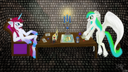 Size: 1920x1080 | Tagged: safe, artist:aethericunicorn, derpibooru import, oc, oc:arcane insight, oc:sorian, pegasus, pony, unicorn, blushing, candle, dice, digital art, dungeons and dragons, fluffy, hourglass, male, map, ogres and oubliettes, playing, smiling, smirk, stallion