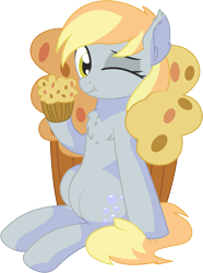 Size: 5523x7436 | Tagged: safe, artist:cyanlightning, derpy hooves, pegasus, pony, .svg available, :t, absurd resolution, chest fluff, cute, daaaaaaaaaaaw, derpabetes, ear fluff, ear tufts, eating, eyeshadow, female, food, hoof hold, looking at you, makeup, mare, muffin, one eye closed, simple background, sitting, smiling, solo, that pony sure does love muffins, transparent background, vector, wink