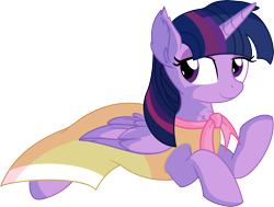 Size: 7279x5496 | Tagged: safe, artist:cyanlightning, twilight sparkle, twilight sparkle (alicorn), alicorn, pony, sweet and elite, .svg available, absurd resolution, birthday dress, clothes, dress, ear fluff, female, looking back, mare, prone, simple background, smiling, solo, transparent background, vector