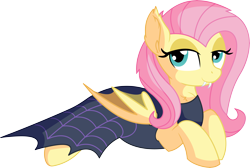 Size: 8028x5383 | Tagged: safe, artist:cyanlightning, fluttershy, bat pony, pegasus, pony, scare master, .svg available, absurd resolution, bat ears, bat ponified, cape, clothes, costume, fangs, female, flutterbat, flutterbat costume, looking at you, mare, nightmare night, nightmare night costume, prone, race swap, simple background, solo, transparent background, vector