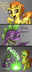 Size: 640x1440 | Tagged: dead source, safe, artist:pluckyninja, spike, spitfire, dragon, pegasus, pony, bitch please, chili pepper, comic, duo, female, fire, fire breath, gradient background, male, mare, photoshop, pun, trollface, trollspike