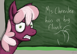 Size: 1280x896 | Tagged: dead source, safe, artist:zirbronium, cheerilee, earth pony, pony, angry, chalkboard, female, flank, flowerbutt, mare, plot, solo