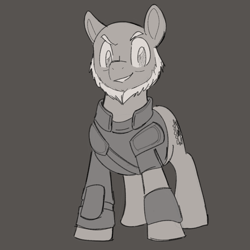 Size: 700x700 | Tagged: safe, artist:goat train, oc, oc only, oc:fair trade, earth pony, pony, fallout equestria, fallout equestria: red 36, beard, clothes, facial hair, male, monochrome, old, simple background, smiling, smirk, solo, stallion