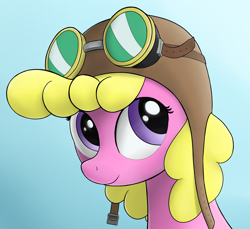 Size: 2430x2229 | Tagged: safe, artist:whiskeypanda, derpibooru exclusive, cherry berry, earth pony, pony, aviator goggles, aviator hat, bust, cap, cherrybetes, cute, female, goggles, hat, high res, mare, simple background, smiling, solo