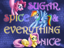 Size: 864x648 | Tagged: dead source, safe, artist:pluckyninja, fluttershy, pinkie pie, rainbow dash, earth pony, pegasus, pony, abstract background, female, mare, photoshop, pink text, rainbow text, trio, trio female, yellow text